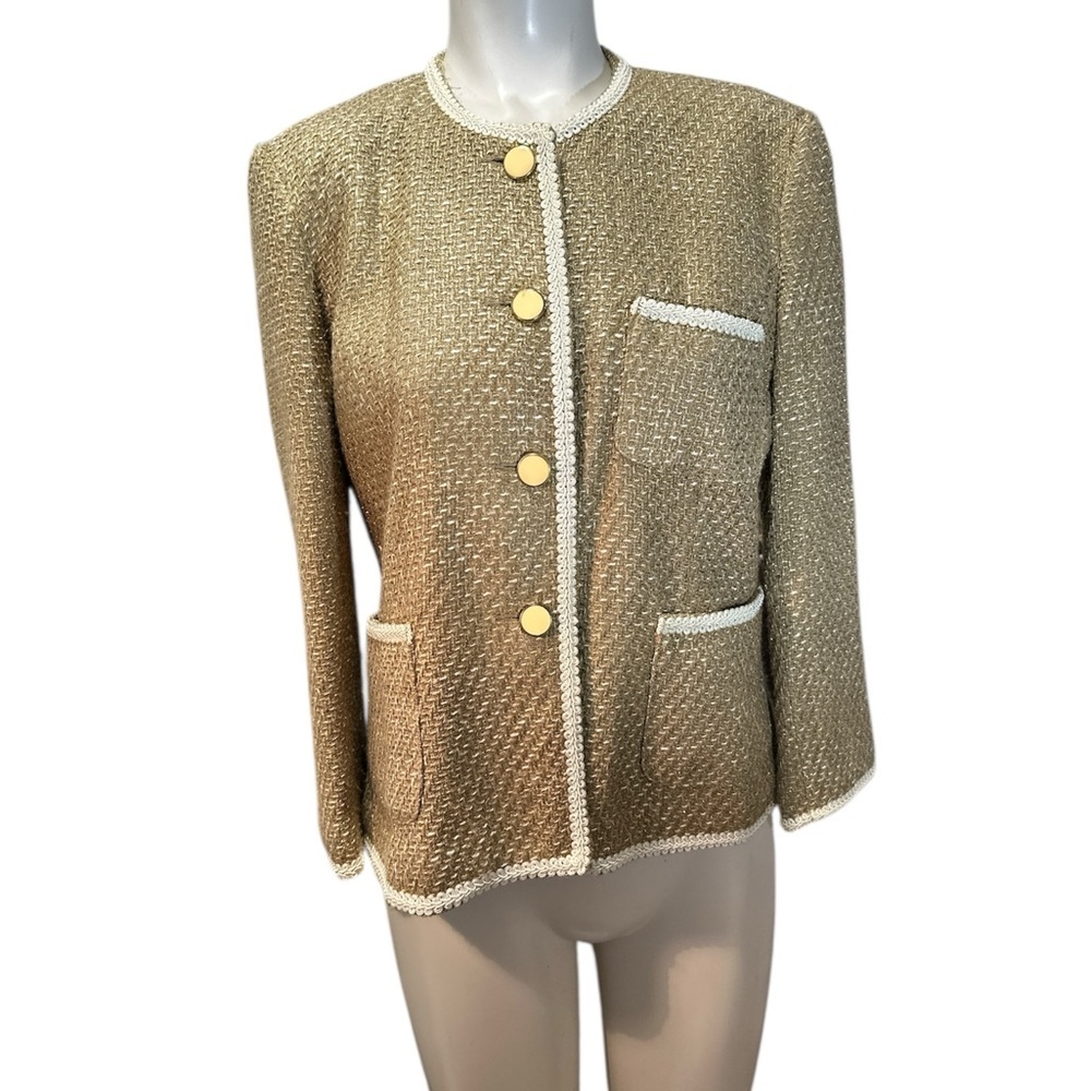 Urchin Boucle Tan and Gold Tweed Blazer with Structured Shoulders